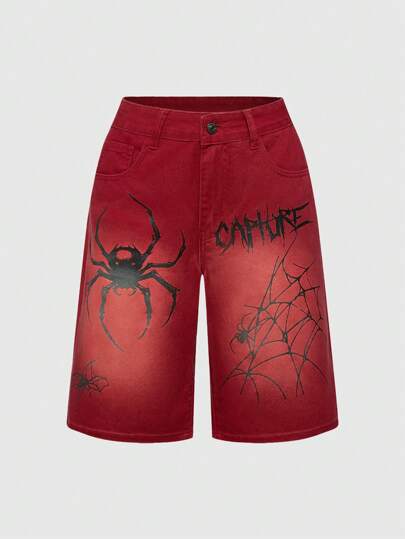 Goth Shorts en jean décontracté et déchiré avec imprimé d'araignée pour femme