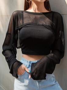 DAZY Drop Shoulder Super Crop Top Without Cami Top Festival Sheer Long Sleeve Women Tops,Fall Women Clothes