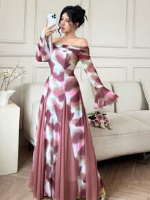 Modelyn 女士扎染露肩喇叭袖网眼连衣裙，浪漫韩式，优雅喇叭袖 - 粉色 - 查看 7