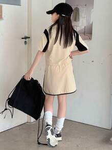 DAZY Girls Fall Outfit: Contrast Collar Short Sleeve T-Shirt + Skirt Fashion Set, Summer - Khaki - View 5