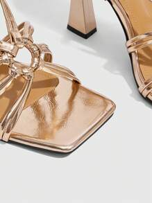 CUCCOO SZL Sandalias de moda de verano para mujer con cordones, punta cuadrada y tacón alto dorado - Champán - Ver 4