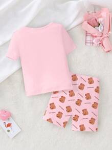 SHEIN 2pcs/Set Teenage Girls Cute Adorable Elegant Casual Comfortable Daily Capybara Cartoon Print Round Neck Knitted Elastic Fabric Fitted Short Sleeve Shorts Pajama Set, Pink,Tight Fit Pajama","Tight Fit","Snug Fit" - Pink - View 2