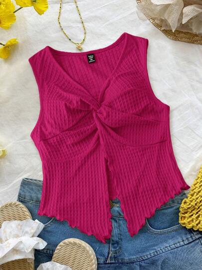 SHEIN Essnce Plus Size Women's Spring And Summer Fashion Casual Sexy Comfortable Daily Texture Fabric V-Neck Slim Twist Sleeveless Top, Going Out Tops,Boho,Ibiza,Beach Vacation,European Summer,Hawaii Rave Top