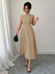 Elenzga Elegant Holiday Casual Sleeveless Dress With Decorative Button, Spring/Summer