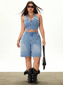 SHEIN ICON 大码休闲水洗阔腿牛仔短裤