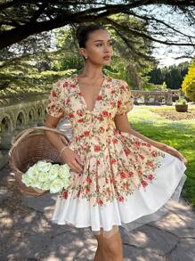 Glamine Gramin女装杏色V领泡泡袖收腰碎花优雅浪漫节日时尚夏装女士法式纯色甜美碎花网纱蓬蓬公主短裙夏季女士生日连衣裙女士沙滩裙节日连衣裙茶会连衣裙约会派对