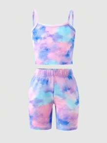 2pcs Girls Casual & Comfortable Tie-Dye Printed Cami & Shorts Set