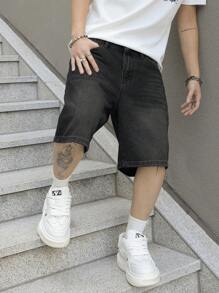 Claim Dot 男士纯色复古休闲宽松牛仔短裤，夏季 - 黑色 - 查看 5