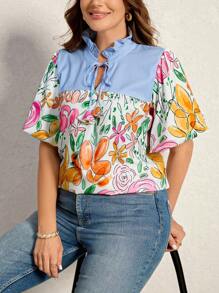 SHEIN LUNE 大码女式夏季蓝白条纹拼接花卉印花蕾丝领衬衫女式夏季服装 - 彩色 - 查看 1