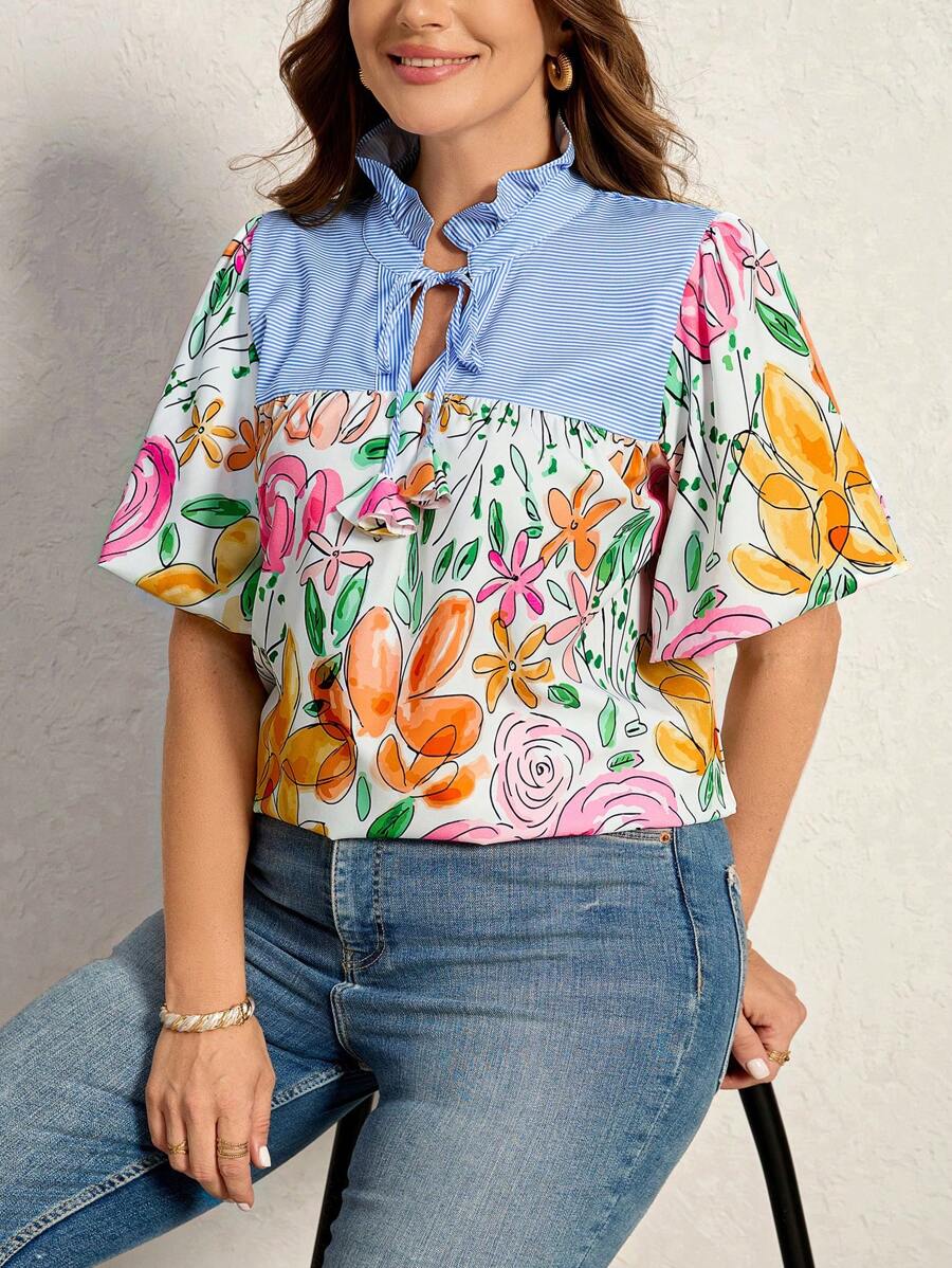 SHEIN LUNE 大码女式夏季蓝白条纹拼接花卉印花蕾丝领衬衫女式夏季服装 - 彩色 - 查看 1