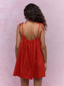 MISSGUIDED Mini Smock Dress Adjustable Tie Shoulder Straps Flowy Beach Vacation Summer Resort Holiday Evening Casual Loose Fit V Neck Christmas - Red - View 2
