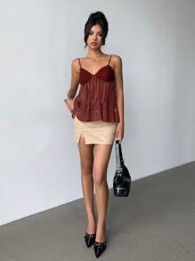 Top de tirantes de mujer con encaje, parches y estampado de lunares, ideal para el verano - Rojo - Ver 7
