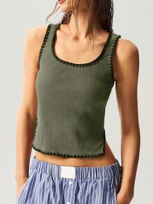 Bohemela Áo croptop dệt kim trơn ôm sát dành cho nữ, áo tank top dệt kim mùa xuân/hè, áo mùa hè cho nữ, áo dệt kim nữ, áo mùa hè cho nữ. - xanh quân đội - Xem 5