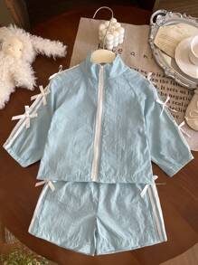 SHEIN 2pcs Baby Girl Casual Sports Style Morant Blue Outfit Set: Short Sleeved Jacket With Standing Collar + Shorts - Blue - View 3