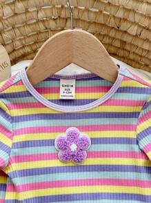 SHEIN Babygirl 可爱夏季休闲百搭针织彩色条纹短袖上衣和松紧腰裤套装