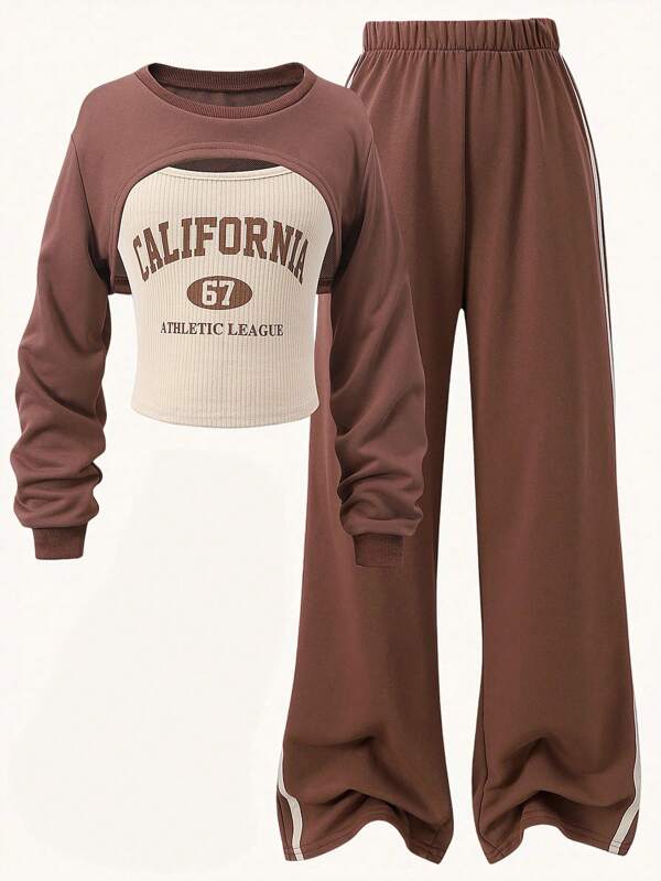 SHEIN Tween Girls Casual Sweatshirt With Printed Camisole And Wide-Leg Sweatpants Set, Daily Wear