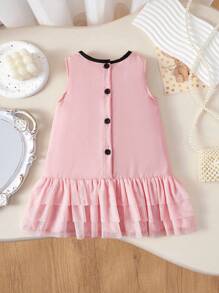 SHEIN Baby Girls' Sweet Princess Style Color-Block Edge Multi-Layer Tulle Apricot Sleeveless Dress, With Black Bow Accent, Suitable For Everyday Wear, All Season - Pink - View 3