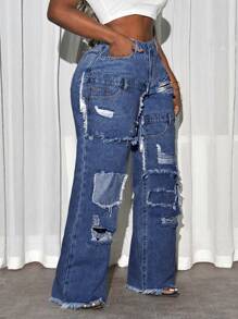 Quần jeans rách dạo phố thường ngày cỡ lớn cho nữ - Rửa trung bình - Xem 4