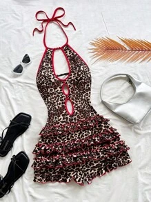 Soleia Women's Retro Leopard Print Stitching Red V-Neck Halter Tied Front Hollow Ruffle Hem Jumpsuit, Slim Fit Sexy Outfit For Vacation, Date, Music Festival, Bohemian,Summer Outfits For Women,Vacation Outfits Woman,Vacation Outfits Woman, Off The Shoulder Dress Leopard Print Bathing Suit Cheetah Print Bathing Suit Animal Print Swimsuit Bathing Suit Dress Ruffle Bathing Suit - Multicolor - View 1