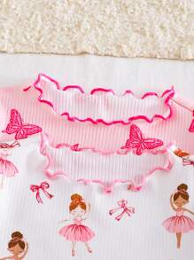 2pcs/Set Baby Girl Butterfly Pattern Ruffle Trim Round Neck Loose Comfortable Knit Nightgown - Multicolor - View 4