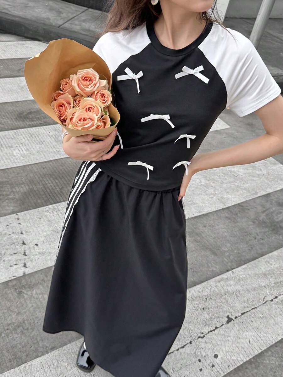 SHEIN 少女夏季蝴蝶结印花插肩袖T恤和迷你裙休闲两件套 - 黑與白 - 查看 1