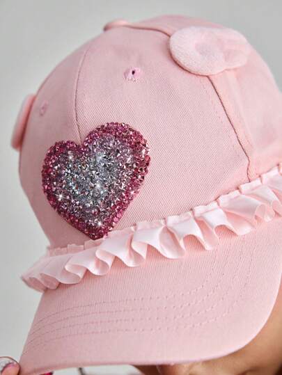 Kawaii Cute Y2K Sweet Heart Wing Design Lace Patchwork Pink Romantic Baseball Cap, Anime Cosplay Cap, Unique Minimalist Sun Protection Hat For Women