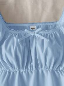 SHEIN Teen Girl Blue Square Neck A-Line Ruffle Trim Blouse, Cute & Sweet Style, Cropped Shirt Suitable For Preppy, Sweet, Casual Daily Wear Babydoll Top Girls Babydoll Top Baby Doll Top For Tweens Summer Babydoll Tops Tween Girl Summer Tops