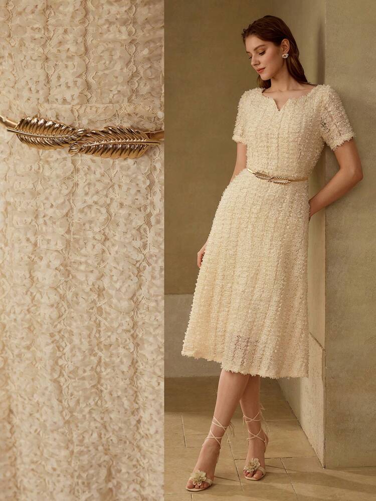 LACE APPLIQUES NOTCHED NECK DRESS