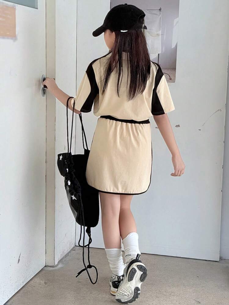 Girls Fall Outfit: Contrast Collar Short Sleeve T-Shirt + Skirt Fashion Set, Summer