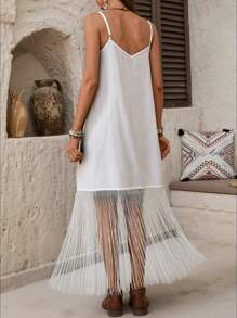 SHEIN LUNE Women's Vacation Casual Fringed Hem Spaghetti Strap Dress - White - View 2