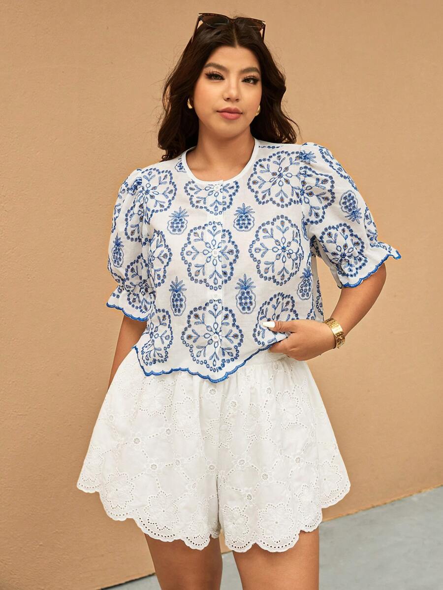 Elaquor Plus Size Women Scenic Embroidered Round Neck Puff Sleeve Blouse - Blue and White - View 1