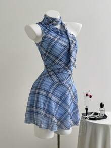 Chiquease Women's Summer Plaid Sleeveless Ruched Mini Dress, Fashion Women Short Dresses Summer