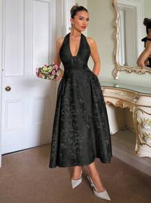 Glamine Charm Váy suông cổ chữ V in hoa 3D cổ điển không tay bồng bềnh dành cho nữ - màu đen - Xem 3