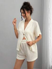 Momance 2pcs Casual Maternity Solid Color Shawl Collar Short Sleeve Shirt And Shorts Set - Beige - View 1