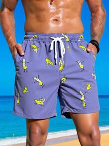 Manfinity Swimmode Shorts casuales de playa con estampado de plátano para hombres, ideal para vacaciones de verano