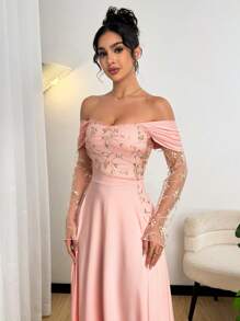 Modelyn 女式长袖单肩褶饰修身连衣裙 - 粉色 - 查看 2