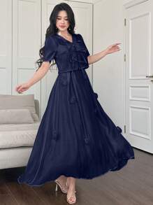 Modelyn 2 件套女士夏季优雅纯色 3D 花卉吊带连衣裙和前系带开衫 - 藍色 - 查看 6