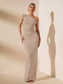 SHEIN BAE Vestido blanco puro con cuello asimétrico sexy, ajustado, con espalda retorcida, elegante, para vacaciones, dama de honor, fiesta de cumpleaños, graduación