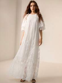 BELROSIE French Romantic Style Lace Round Neck Long Dress, Flared Skirt, Ruffle Layered, Loose Fit, Mid-Sleeve - White - View 5