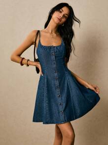 Poéselle 女式夏季褶皱单排扣休闲吊带牛仔连衣裙 - 中等水洗藍 - 查看 3