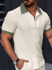 Manfinity Homme Men's Summer Contrast Color Single-Breasted Casual/Office Short Sleeve Shirt