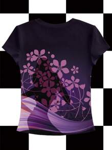 Shutterstock Y2Kool Purple, Silhouette, Floral, Millennium Retro, Y2K, Women's Fitted, Round Neck, Short Sleeve T-Shirt, Suitable For Summer, Vacation, Party, Music Festival Club Going-Out Back To School 2000s Style