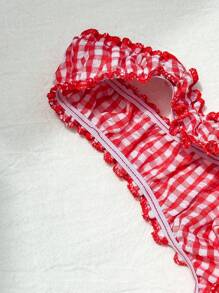 Comfortcana Women's Vacation Shirred Lace Up Plaid Patchwork Tank Top - Red and White - View 3
