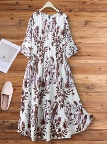 Linhara Crew Neck Knit Ditsy Floral Ruffle Hem Dress, French Elegant Vacation Elastic Waist, Fashion Ditsy Floral Dress