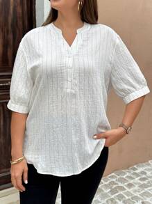 EMERY ROSE 大码竖条纹落肩休闲半襟拱形下摆衬衫