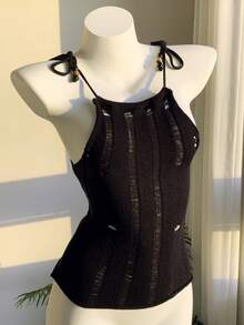 Comfortcana Women's Solid Color Halter Self-Tie Cold-Shoulder Cropped Knitted Sweater Vest