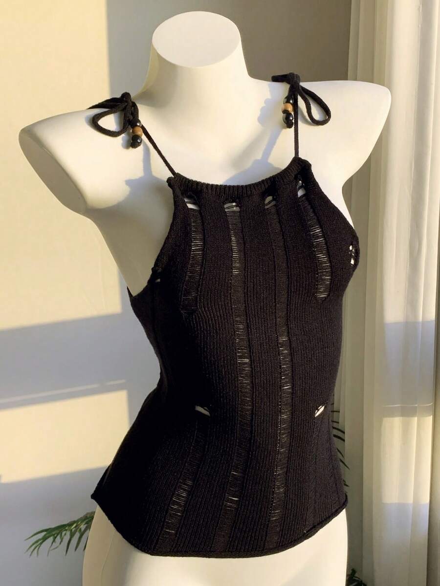 Comfortcana Women's Solid Color Halter Self-Tie Cold-Shoulder Cropped Knitted Sweater Vest