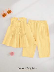 Cozy Pixies 2pcs Baby Girls Bow Decor Sleeveless Crew Neck Top And Elastic Waist Pants Set - Yellow - View 7