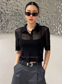 DAZY Solid Half Button Crop Top Without Cami Top Festival Sheer - Black - View 6