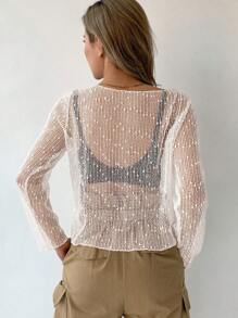 DAZY Solid Sheer Mesh Top Without Bra Going Out Tops Festival Long Sleeve Women Tops - White - View 2